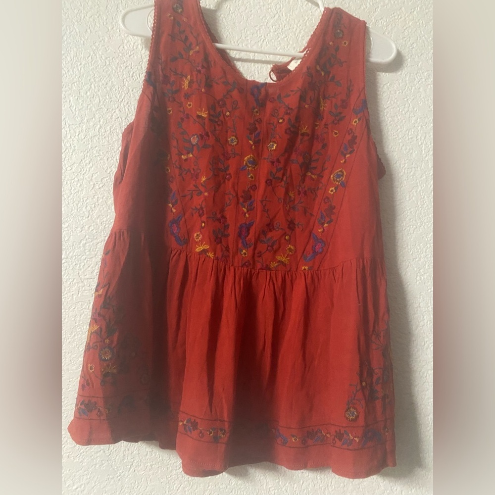 Umgee Red orange embroidered floral boho top baby doll fit